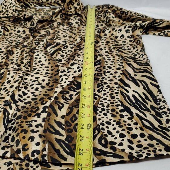 L SATIN LEOPARD Black Brown Long Sleeve button front lounge top blouse LARGE - Picture 4 of 14